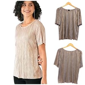 ANN TAYLOR Metallic Plisse Vintage Top Pleated Flutter Champagne Gold